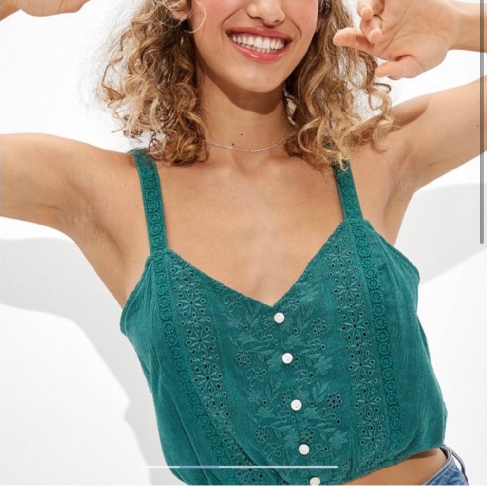 American Eagle Forest Green Embroidered Scrunch Crop Tank Top Size Small